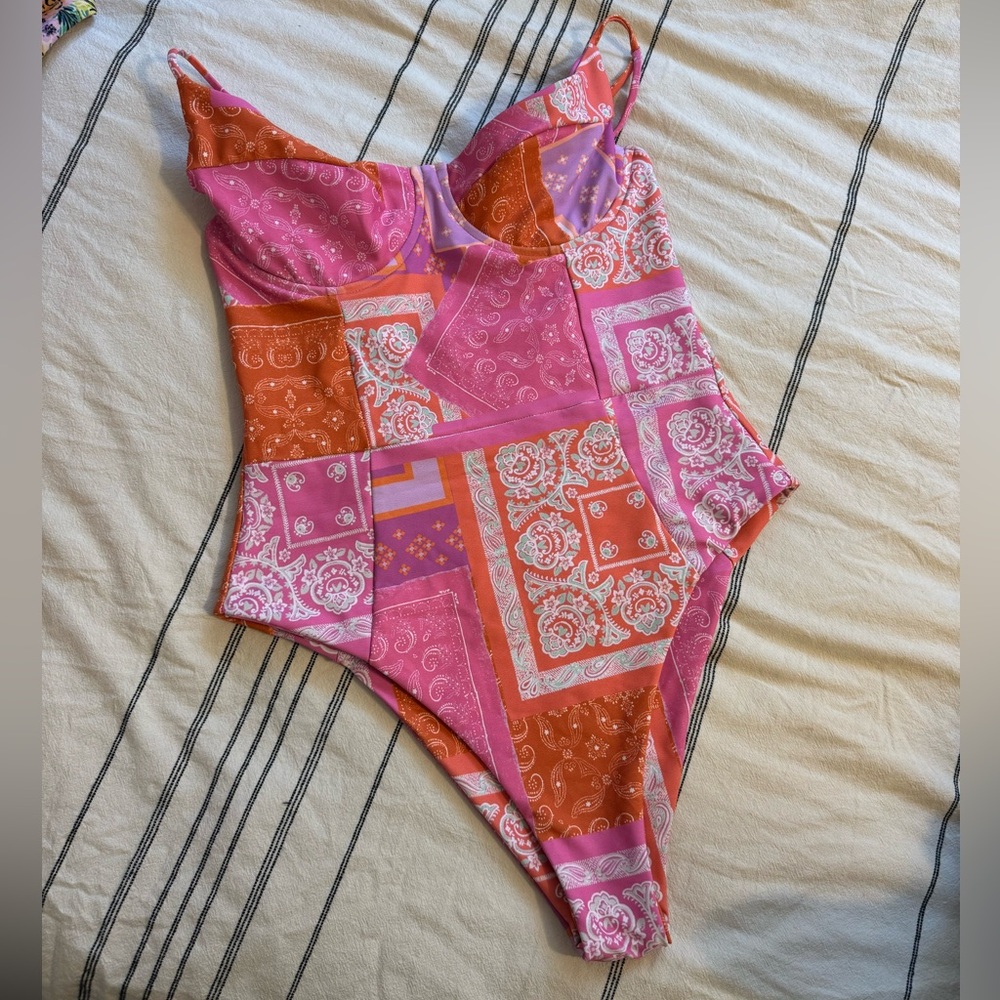 Skatie Pink and Orange Patchwork One-Piece Swimsuit